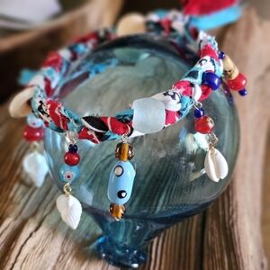 Boho Beach Anklet Shells + Charms on Braided Bandana Cord Coastal Cowgirl Summer